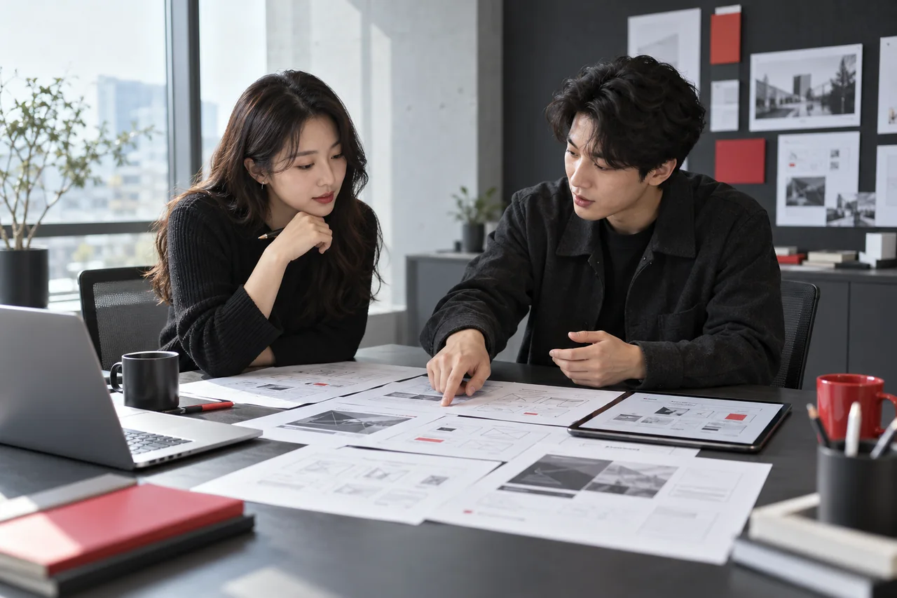 고객과 웹 기획자가 제작 목표와 메뉴 구성을 함께 검토하는 모습